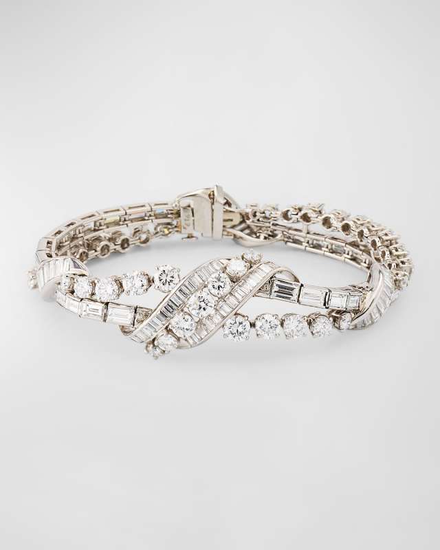 Estate Platinum Baguette and Round Diamond 2-Row Flexible Woven Bracelet